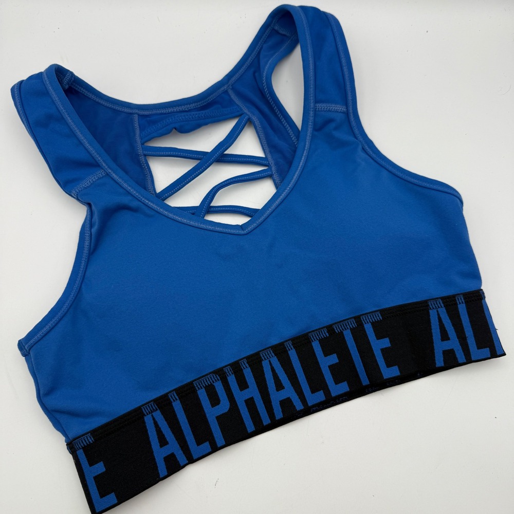 ALPHALETE Sports Bra Blue Black Size S Criss Cross Back Activewear Athletic Top